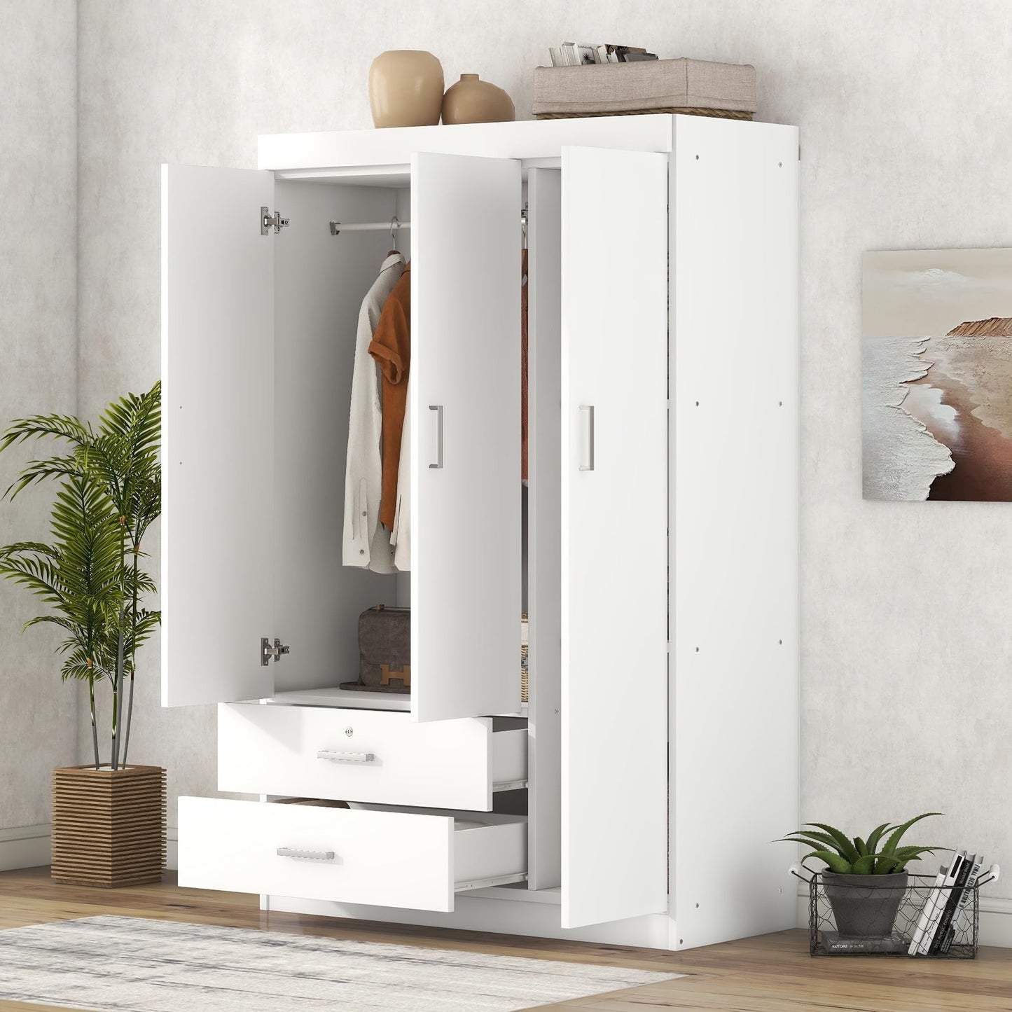 3 Door Wardrobe Cabinet Closet with Storage Drawers, Shelves and Hanging Rail for Clothes, Bedroom Organizer