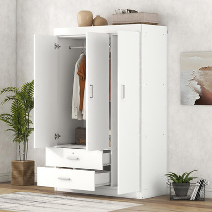 3 Door Wardrobe Cabinet Closet with Storage Drawers, Shelves and Hanging Rail for Clothes, Bedroom Organizer