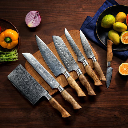 SENKEN 16-Piece Damascus Knife block Set - The Dynasty Collection - Japanese VG10 Damascus Steel with Natural Sycamore Wood Handles, Steak Knives, Scissors, & Sharpening Rod (16-Piece Knife Block Set)