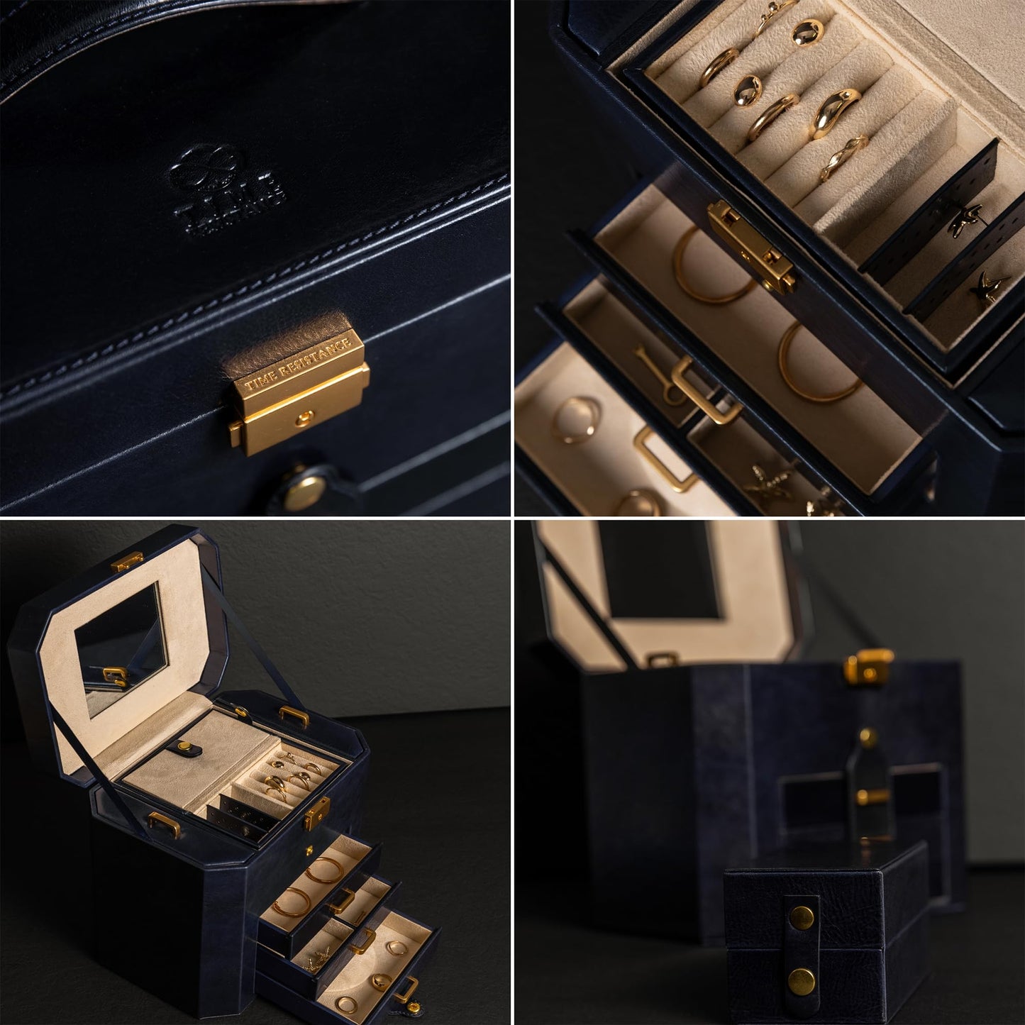 Time Resistance Leather Jewelry Box - Full Grain Leather Jewellery Organizer - Lock Box for Women (Blue)