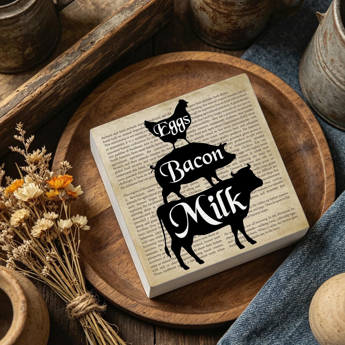 Farmhouse Eggs Bacon Milk Wood Box Sign Desk Decor, 5x5 Inch Rustic Farm Animal Wooden Sign for Kitchen Dining Room Home Shelf Decor, Farmhouse Gifts for Women Farmer Cooking Lovers