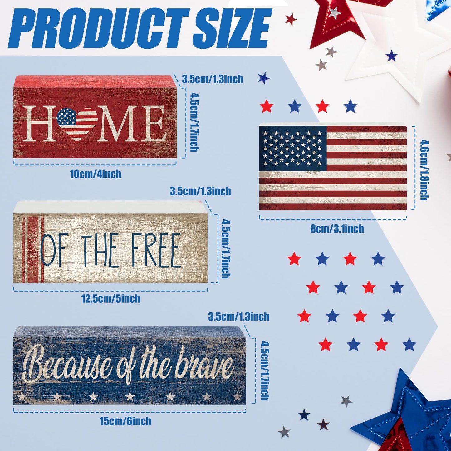 CroBlissful 4 Pcs 4th of July Decorations Patriotic Memorial Day Tabletop Decorations Red White Blue Table Centerpieces Sign for Office Tiered Tray Home Shelf 250th Anniversary(Flag)