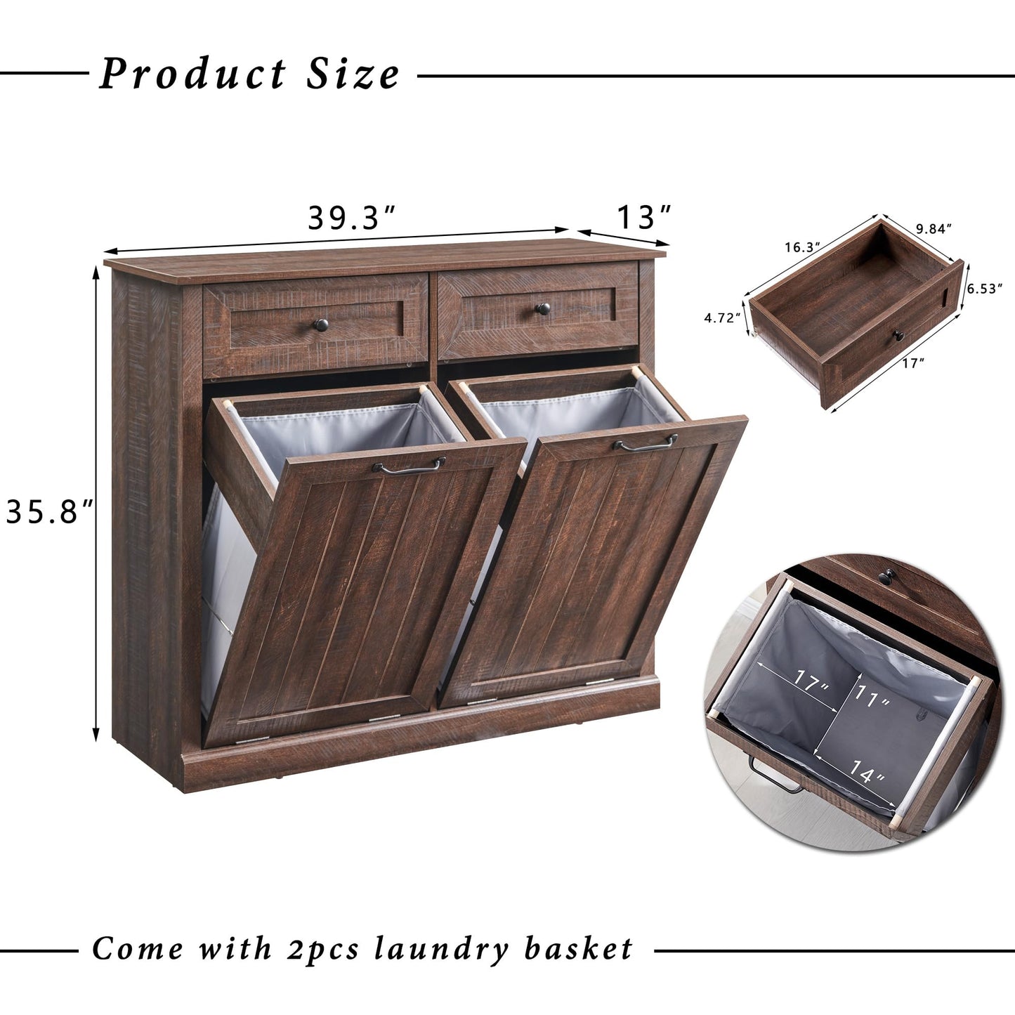 IFGET Double Tilt Out Trash Cabinet, 20 Gallon Farmhouse Laundry Hamper Cabinet with 2 Drawers, Hidden Wooden Trash Can Cabinets with Storage Basket for Kitchen, Living Room (Brown)