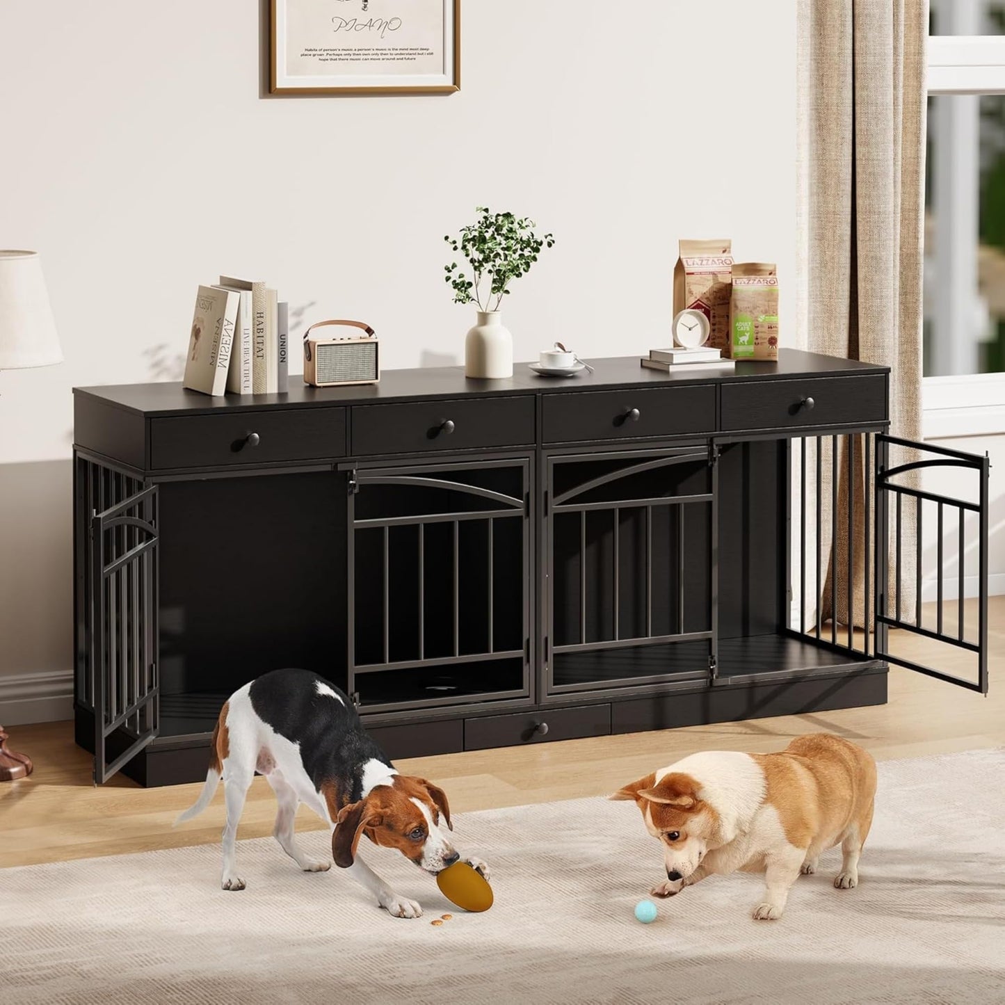 GAOMON Dog Crate Furniture for 2 Dogs, 78.7'' Large Dog Kennel Indoor with 4 Storage Drawers and Feeding Bowls, Double Dog Crate TV Stand for Small and Medium Dogs, Black