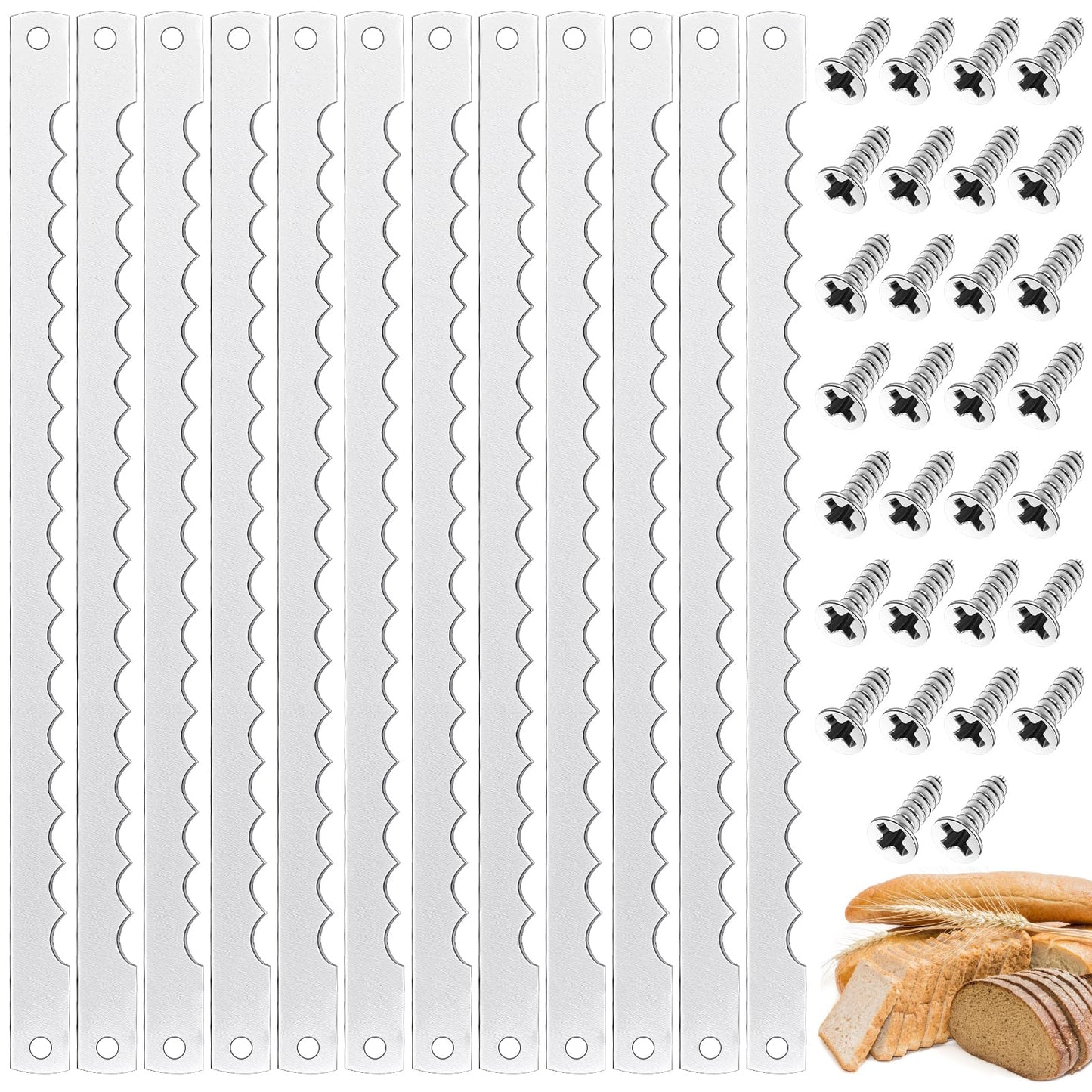 Therwen 12 Pcs Bread Bow Knife Blades 10.8" Serrated Stainless Steel Blades with Screws Replacement for Wood Bread Cutter, Sourdough, Baguettes, Cakes