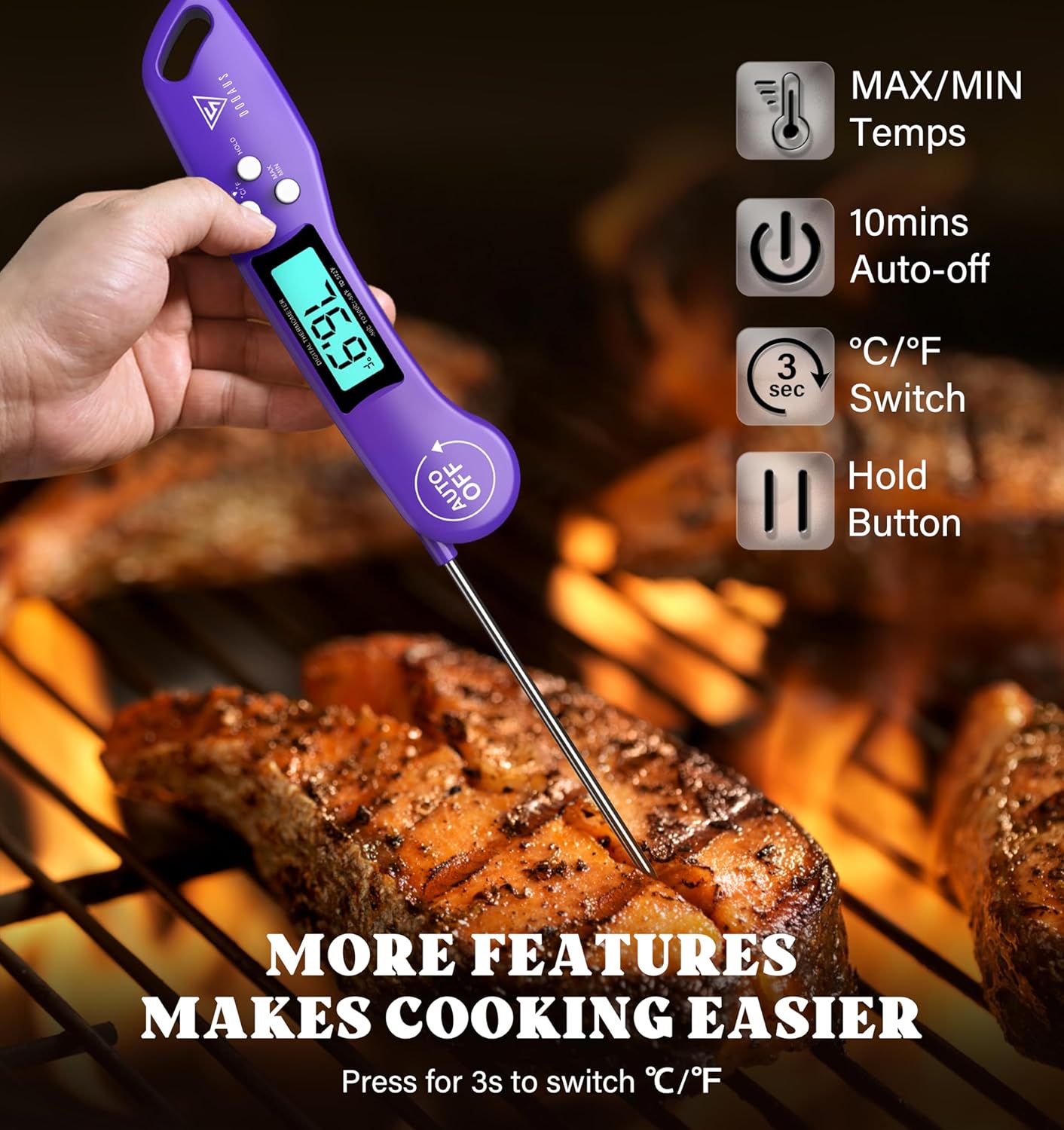 DOQAUS Digital Meat Thermometer, Instant Read Kitchen Probe with Backlit Display for Cooking, BBQ, Baking