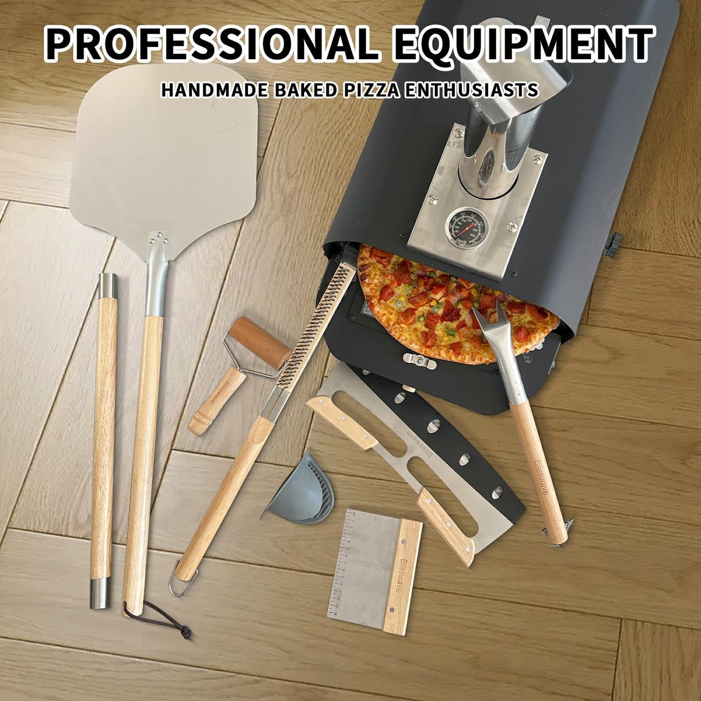 The 7-piece pizza oven accessory set is perfect for making pizza. Comprises a pizza shovel, an oven brush, a bubble Popper deformer, a rocking knife, a silica gel clamp, a dough roller and a scraper.