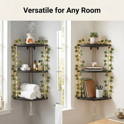 REFGY 3-Tier Corner Floating Shelves with Aesthetic Greenery & Fairy Lights - Premium Wood-Textured Boho Wall Hanging Shelf - Stable L-Bracket Support for Home Decor, Office & Small Spaces