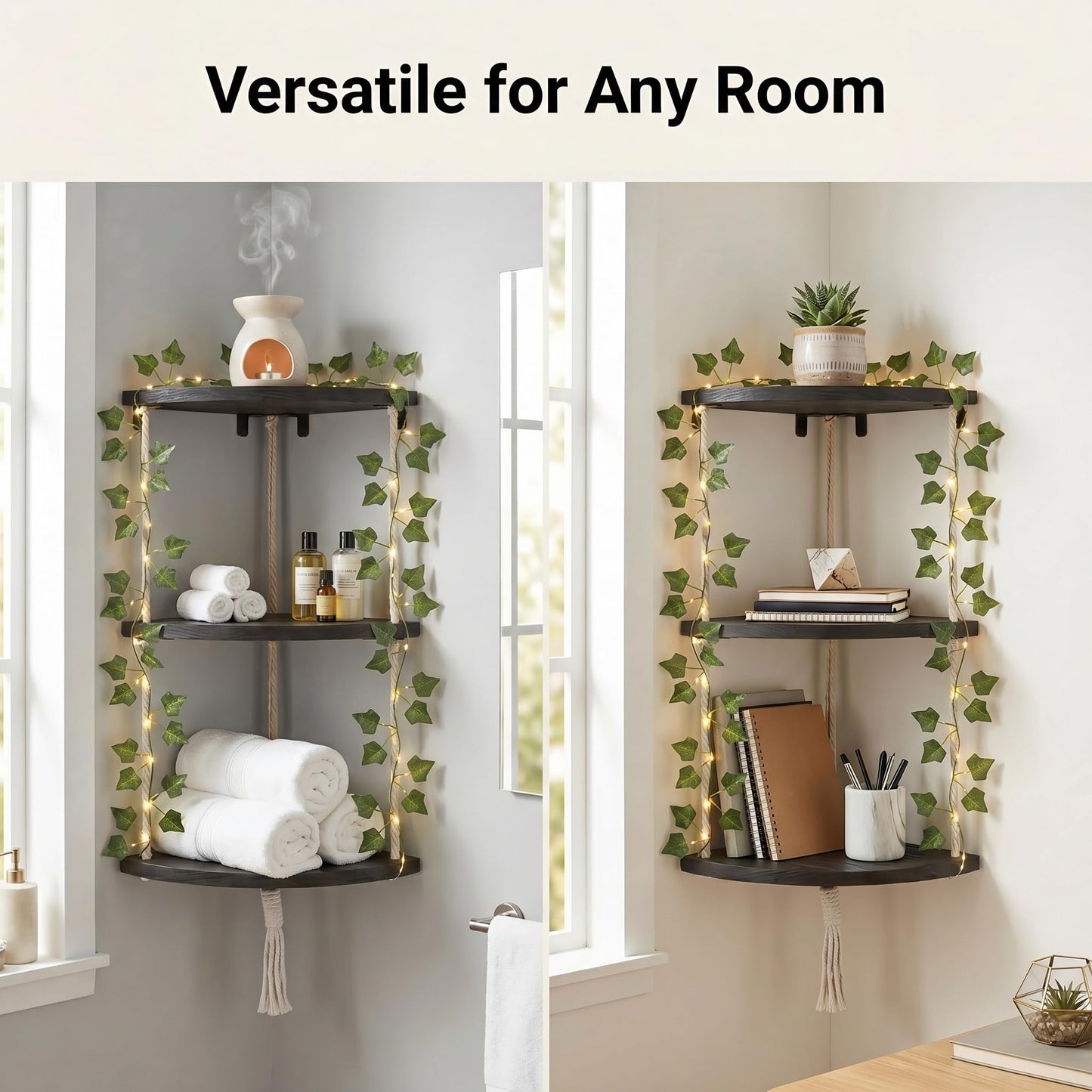 REFGY 3-Tier Corner Floating Shelves with Aesthetic Greenery & Fairy Lights - Premium Wood-Textured Boho Wall Hanging Shelf - Stable L-Bracket Support for Home Decor, Office & Small Spaces