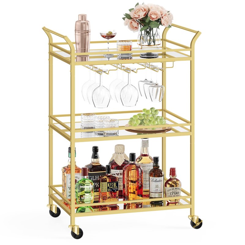 VASAGLE Bar Cart Gold, Small Home Bar Serving Cart with 3-Tier Mirrored Shelf, Wine Holders, Glass Holders, for Small Spaces, Kitchen, 15 x 23.6 x 36.2 Inches, Gold ULRC100A01