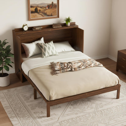 DNYN Queen Size Murphy Bed Cabinet with Large Drawer and and Built-in Charging Station for Guest/Study Room/Home Office, Space-Saving Rattan Decoration Foldable Wall Bed Frame, No Box Spring Needed