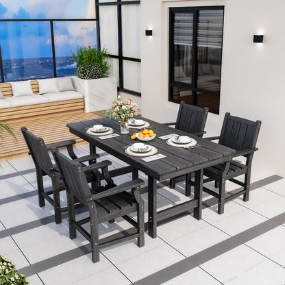Pamapic 5-Piece Outdoor Dining Set, HDPE Outdoor Rectangular Table and 4 Chairs, Wood Grain Patio Furniture Sets with Armrest, All-Weather Patio Dining Table with Umbrella Hole, Black
