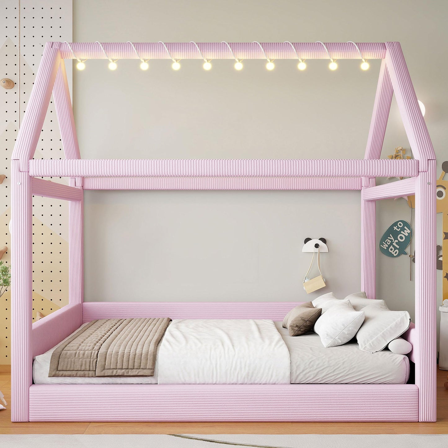 Merax Modern Upholstered House Bed, Floor Upholstered Sofa Daybed with Wood Slat Support,Platform Bed Frame with Headboard/Full, Pink