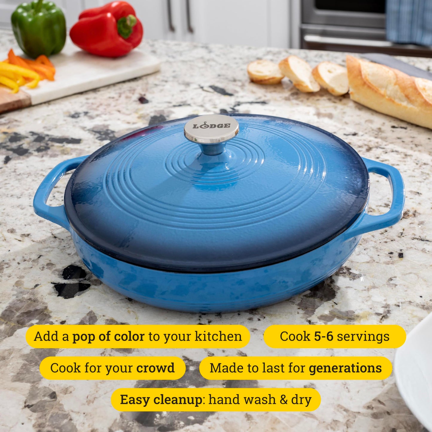 Lodge Essential Enamel Braiser - Refrigerator- & Oven-Safe up to 500° F - Heat-Retaining, Induction-Safe & PFAS-Free Enamel Cookware - 3.5 Quart, Caribbean Blue