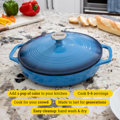 Lodge Essential Enamel Braiser - Refrigerator- & Oven-Safe up to 500° F - Heat-Retaining, Induction-Safe & PFAS-Free Enamel Cookware - 3.5 Quart, Caribbean Blue