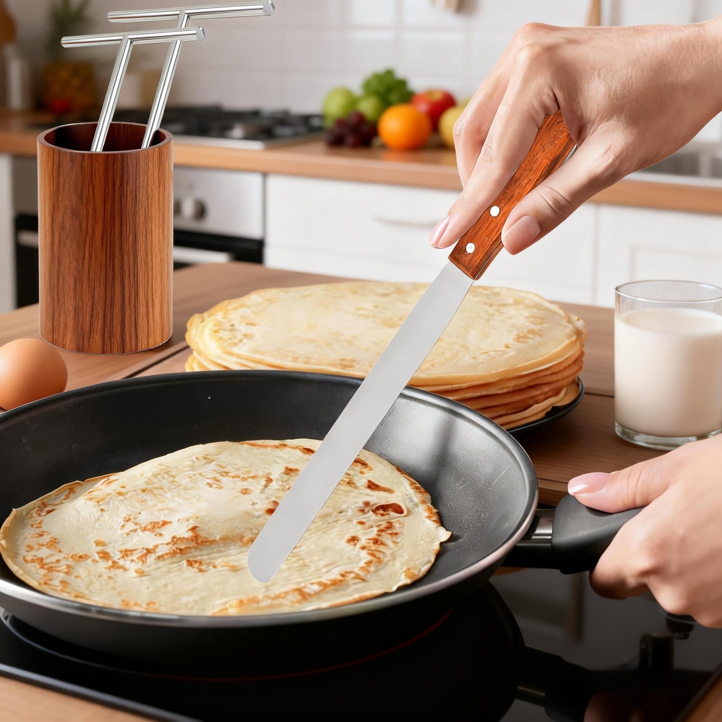 3 Pack Crepe Spreader and Spatula Kit, 12" Wooden Handle Spurtle Spatula, Stainless Steel Crepe Spreader, 7" & 5" T-Shaped Batter Spreaders, Crepes Turner Sticks, Pancake Tool Fit Any Crepe Maker Pan