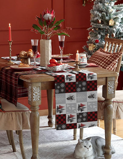 Christmas Table Runner 72 Inch, Buffalo Plaid Checkered Snowflake Elk Xmas Tree Bear for Holiday Kitchen