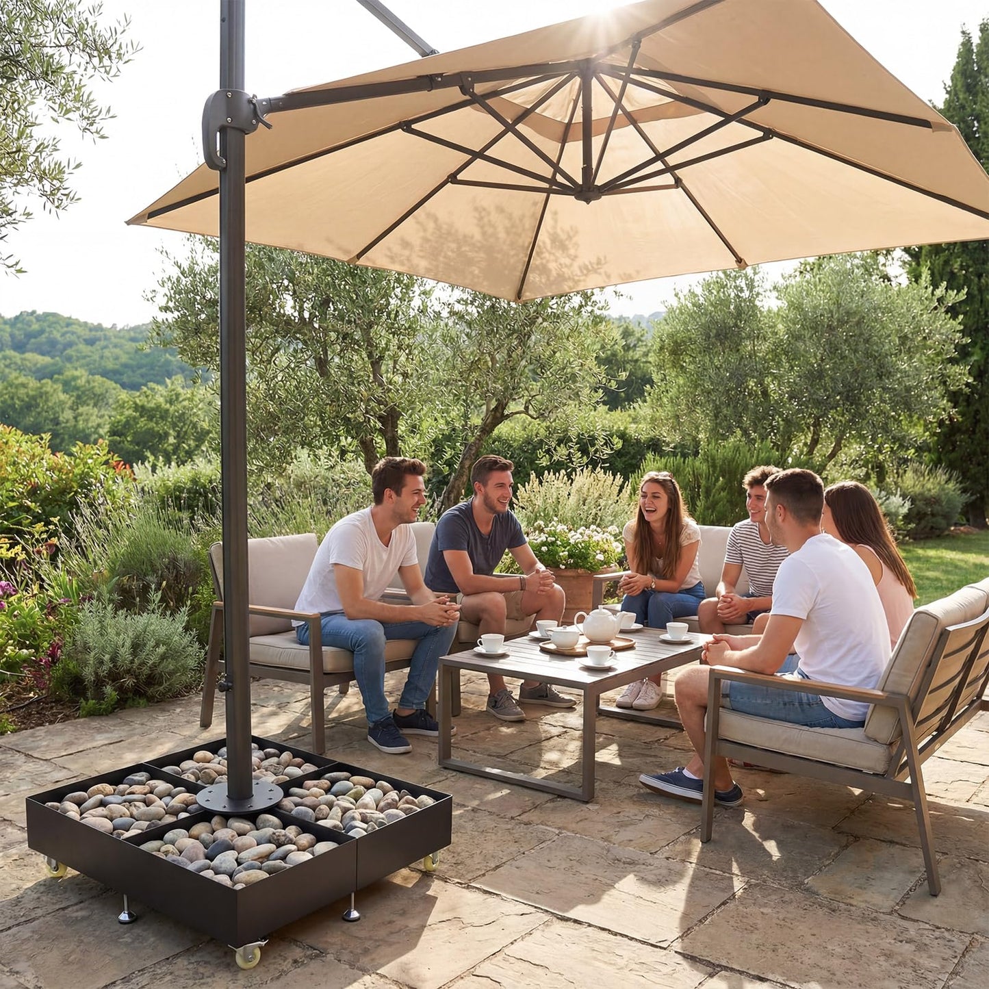 BreezeHug Patio Heavy Duty Umbrella Base Stand with 4 Lockable Wheels 1100 lb Capacity Square Base Plate Steel for Offset Cantilever Umbrella Patio Outdoors