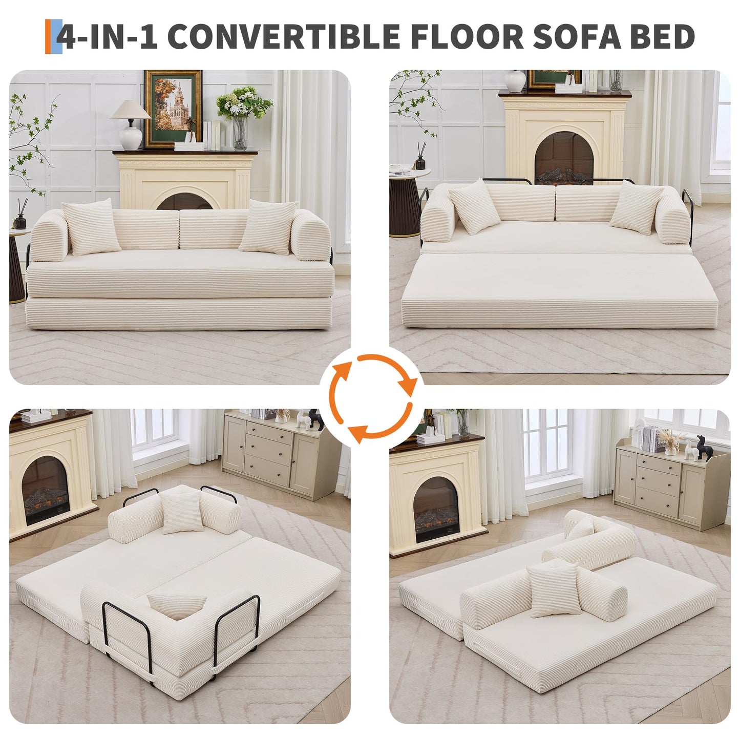 GarveeHome 79" Convertible Sleeper Sofa Bed Couch, 4-in-1 Boneless Corduroy Folding Sofa Bed with Pillow & Fixed-Shape, Floor Mattress Couch Loveseat for Living Room Apartments - No Assembly, Beige
