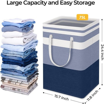 HomeHacks Large Waterproof Laundry Basket - Collapsible Tall Hamper with Extended Handles | 75L, Blue