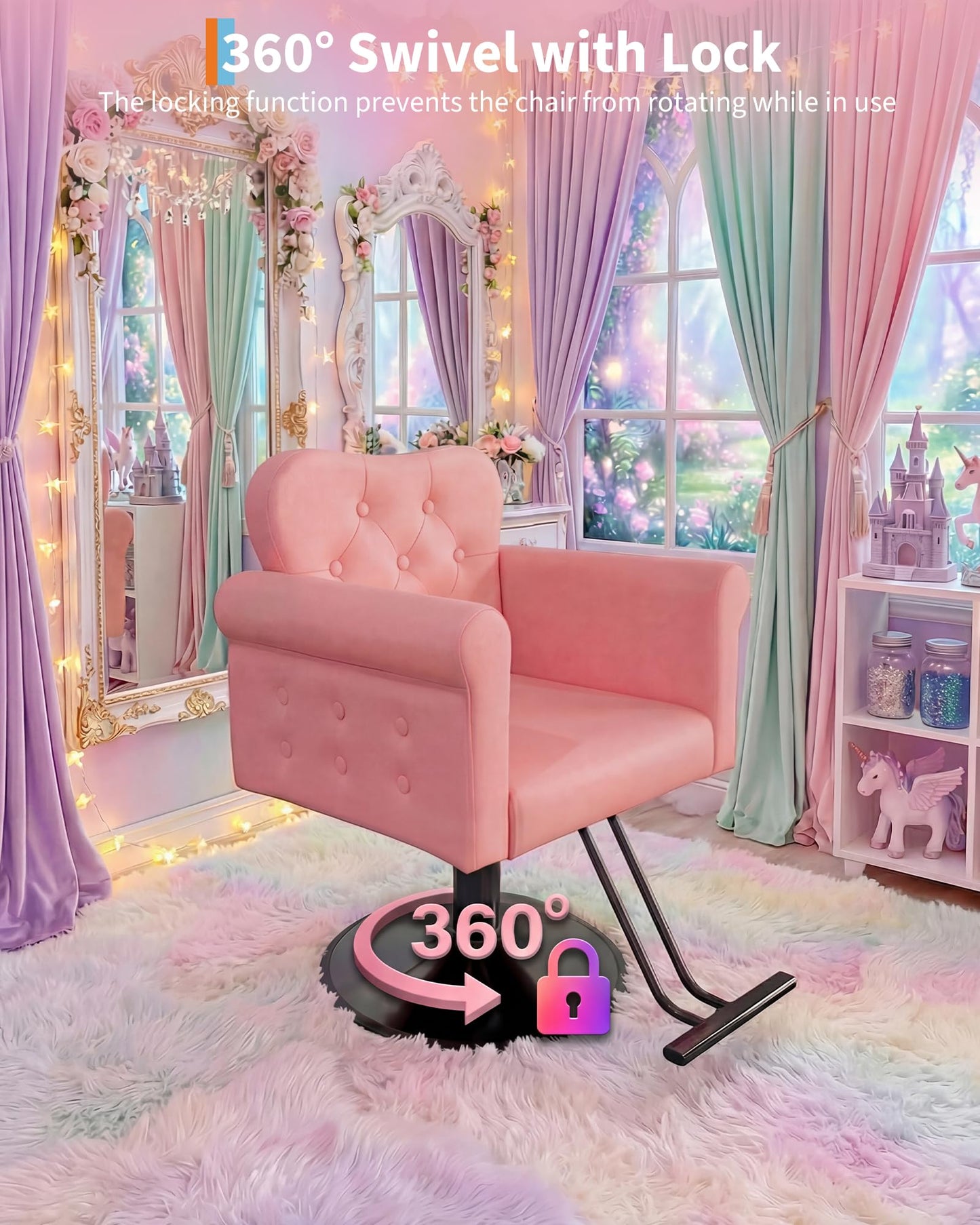 Garvee Salon Chair for Hair Stylist, PU Leather Barber Chair with 360° Swivel, Tufted Button, Metal Round Base, Hydraulic Lift, Supports Up to 330 Lbs, for Barbershop, Beauty Spa, Home, Pink