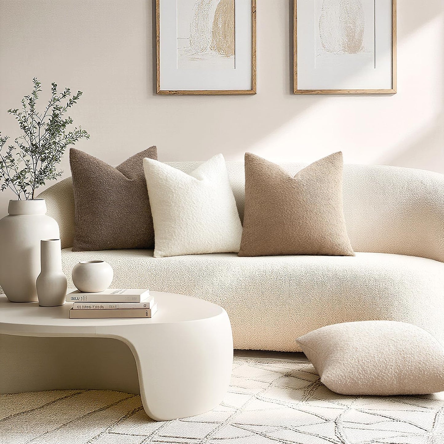 Pack 2 Cozy 24 24 Inch ANRODUO of Textured Boucle Throw Pillow Covers Soft Beige Euro Decorative Accent Solid Pillow