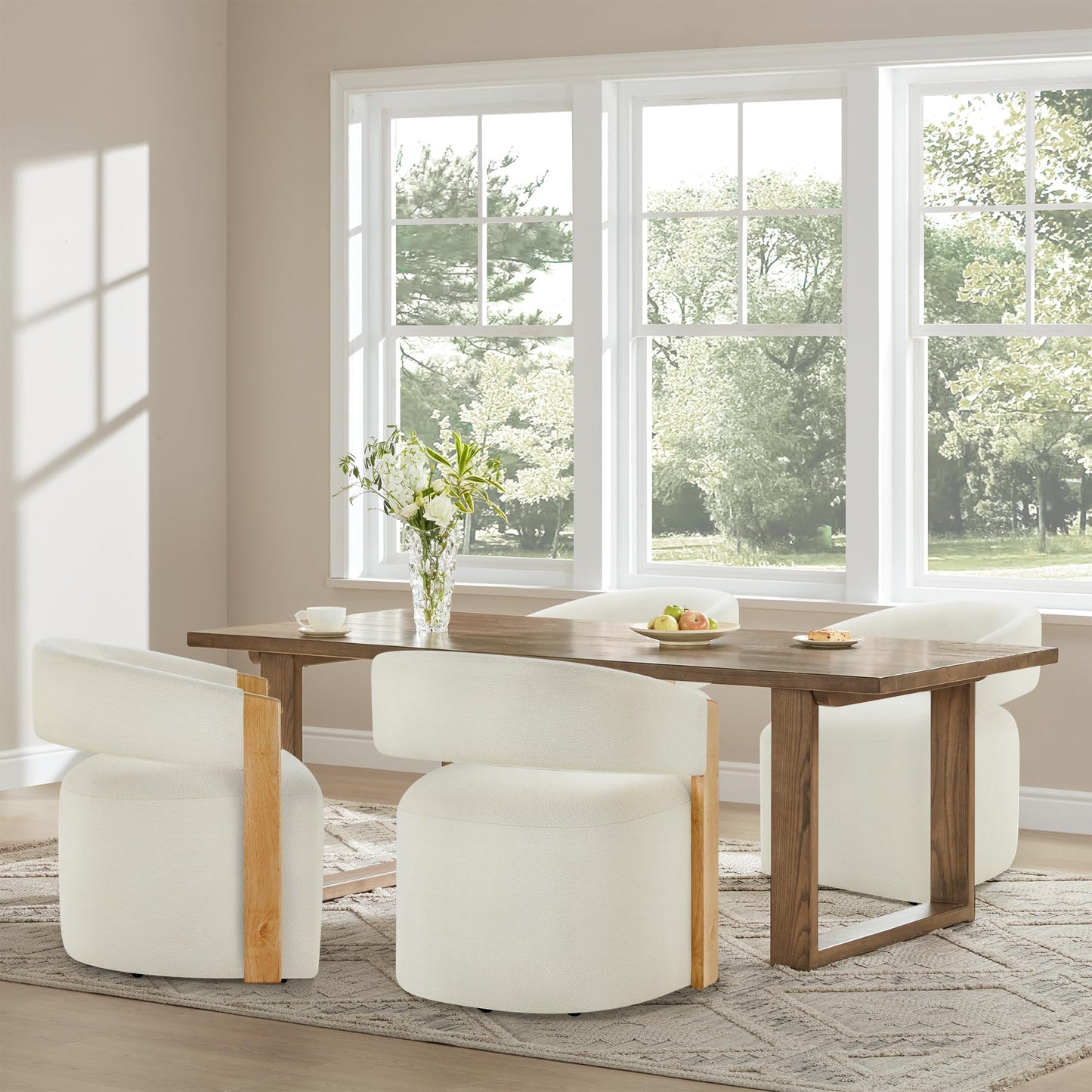 KISLOT Upholstered Dining Chairs Set of 2, Barrel Modern Dining Room Chairs with Casters, Kitchen Side Wooden Armchair with Fabric Cushion Seat for Bedroom, Livingroom, Reading Room, Beige, 2 Boxs