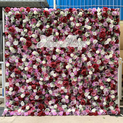 ERoomQ Fuchsia Color Rose Artificial Flower Wall Panels with Clothes Fabric Back,Wedding Party Bridal Shower 3D Romantic Rose Green Leaves Wall Backdrop,3x3m/10x10FT