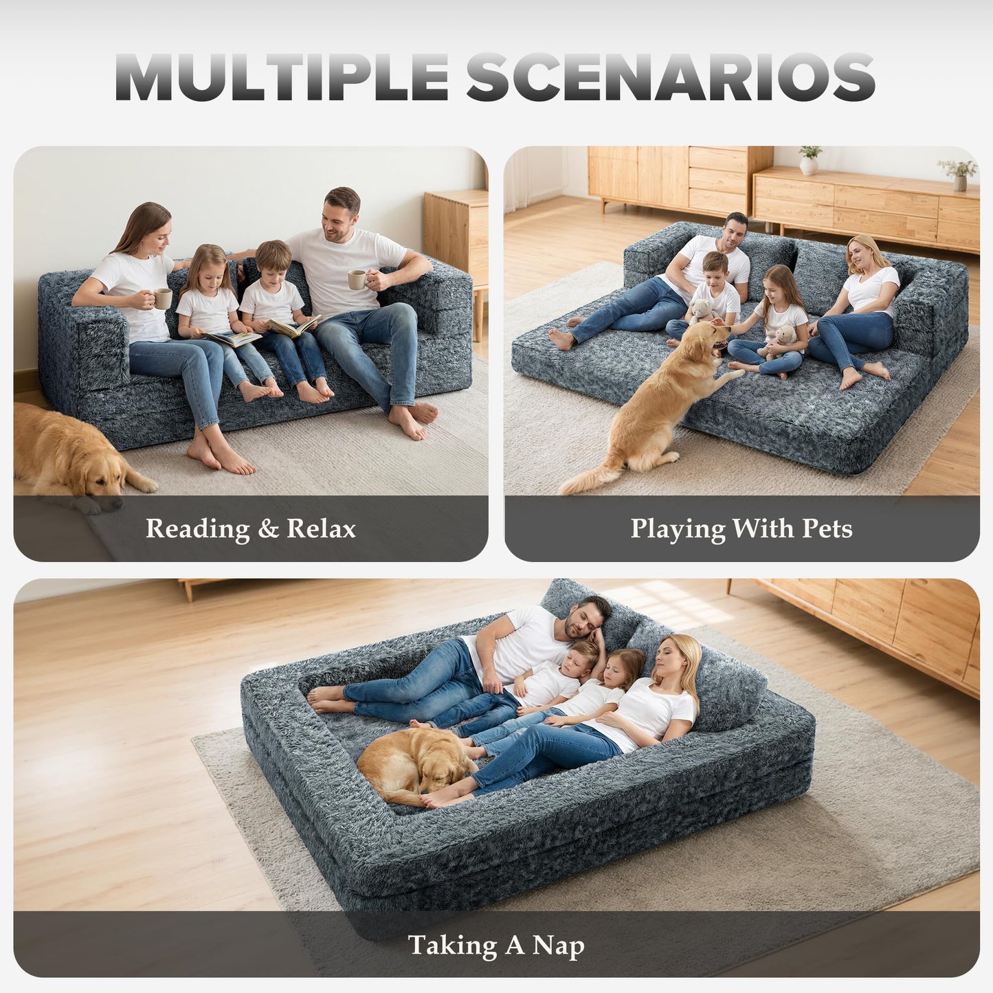 HABUTWAY Convertible Sofa Bed, 3-in-1 Futon Sofa Bed with Pillow, Foldable Pull Out Floor Sofa Bed with Removable Cover, Plush Boneless Couch for Living Room/Bedroom/Dorm