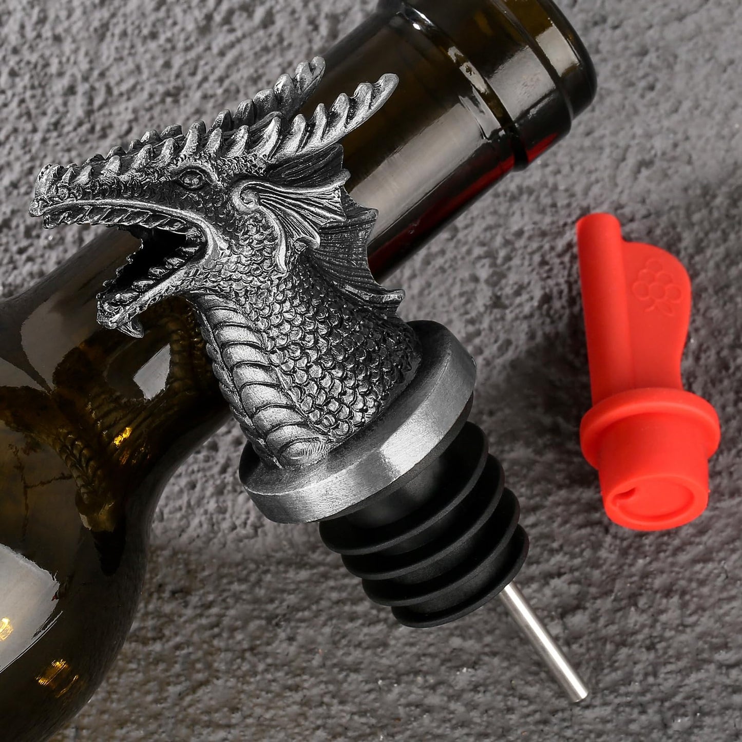 LKKCHER Dragon Head Liquor Pourers Spout for Alcohol Spirits, Dragon Gifts 2-In-1 Wine Bottle Pourer and Stopper for Men Women, Wine Accessories Gifts, Silver with Bag