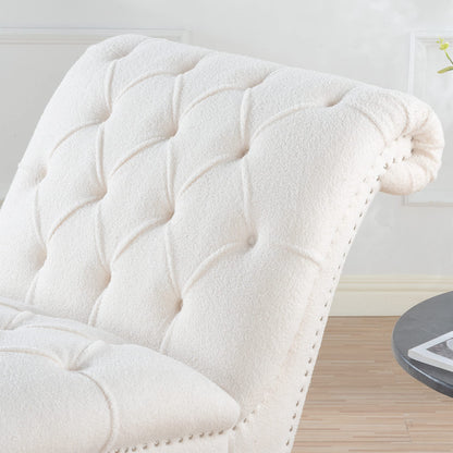 KEIKI Tufted Armless Chaise Lounge Chair, Velvet Lounge Chair with Solid Wood Leg, Upholstered Chaise for Living Room Bedroom Small Space Office Study, White