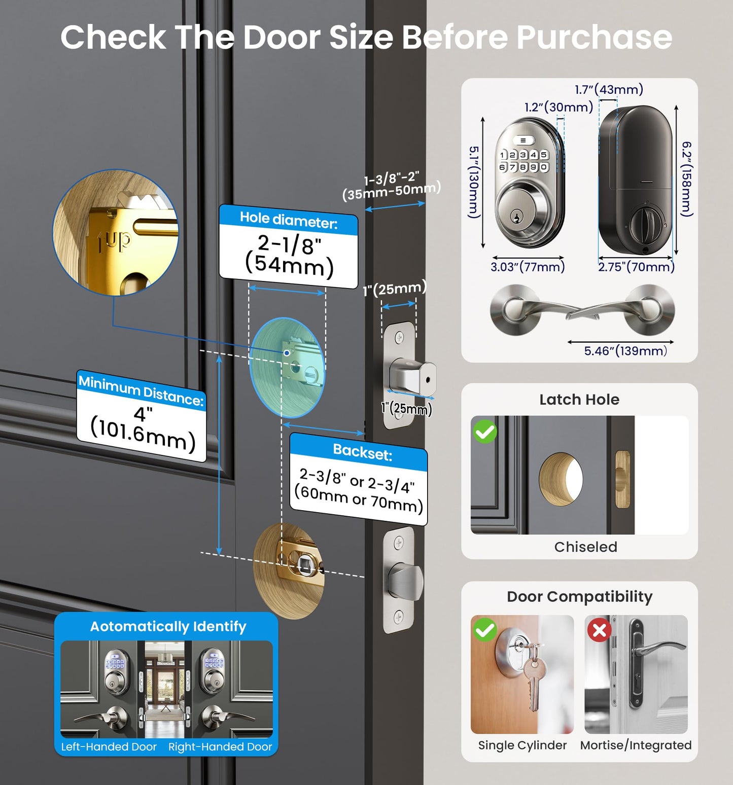Veise Keyless Entry Door Lock with 2 Lever Handles - Electronic Keypad Deadbolt, Auto Lock, Back Lit & Easy Installation Design, Front Door Handle Sets, Satin Nickel