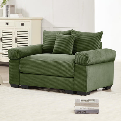 KEIKI 54" Oversized Corduroy Modular Sectional Single Sofa with High-Density Foam Cushions, Extra-Thick Armrests, Upholstered Modern 1-Seater Lounge Accent Chair with 3 Pillow, for Living Room, Green