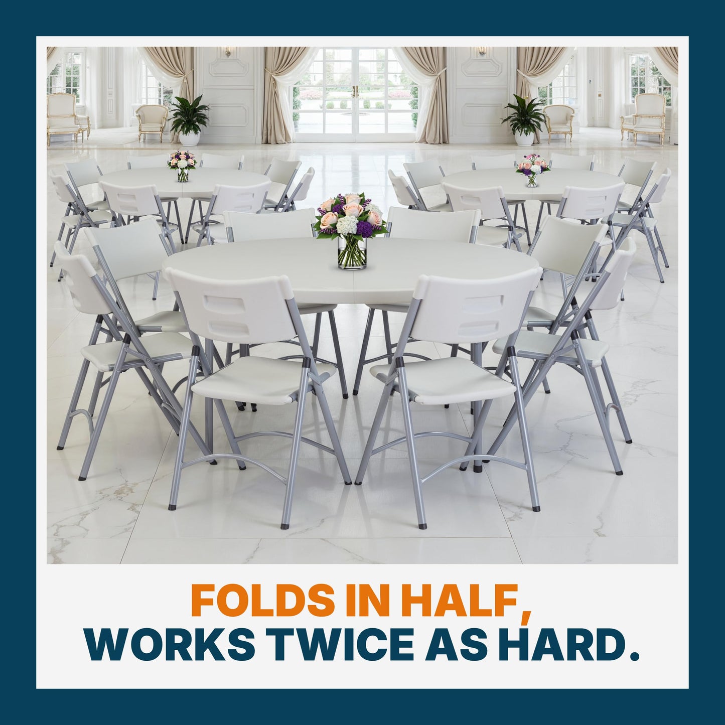 OEF Furnishings OEFCMFIH60R Commercial-Grade Premium Industrial Fold-in-Half Blow-Molded Folding Table with 19-Gauge Steel Frame and Thick Top (60" Diameter, Speckled Gray Top)