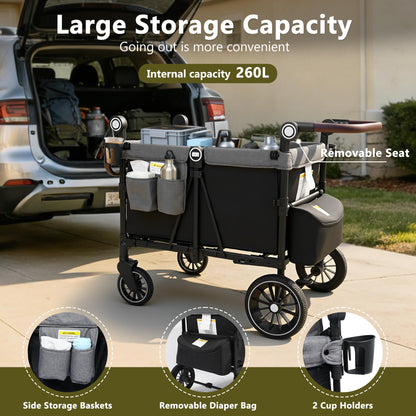 Kinder King Wagon Stroller for 4 Kids, All-Terrain Foldable Outdoor Stroller Wagon 4 Seater, Removable Canopy, Adjustable Handle, Detachable Tray, Black&Grey