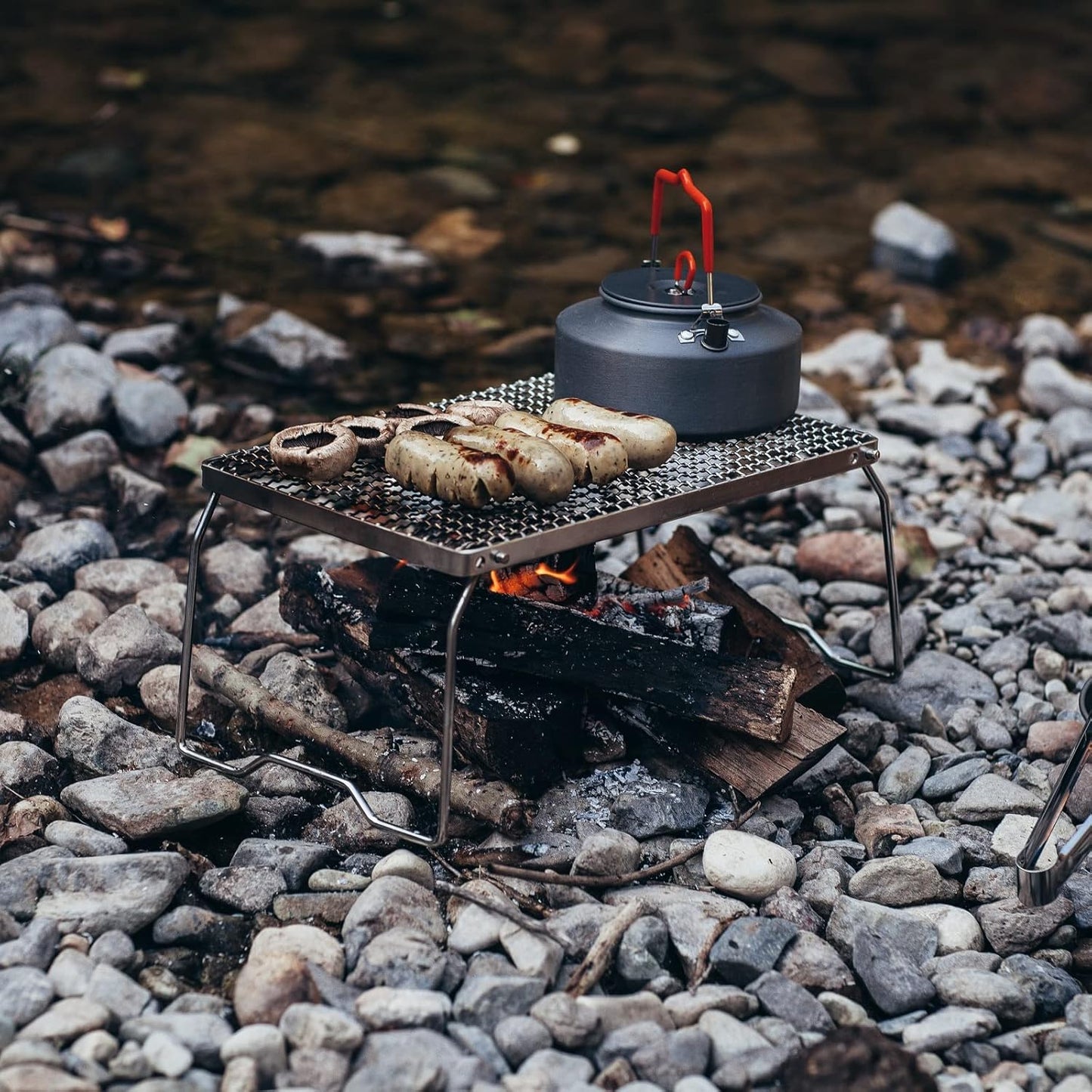 YETO Two Height Camping Grill Grate with Legs, 304 Stainless Steel Folding Campfire Grill for Outdoor Cooking