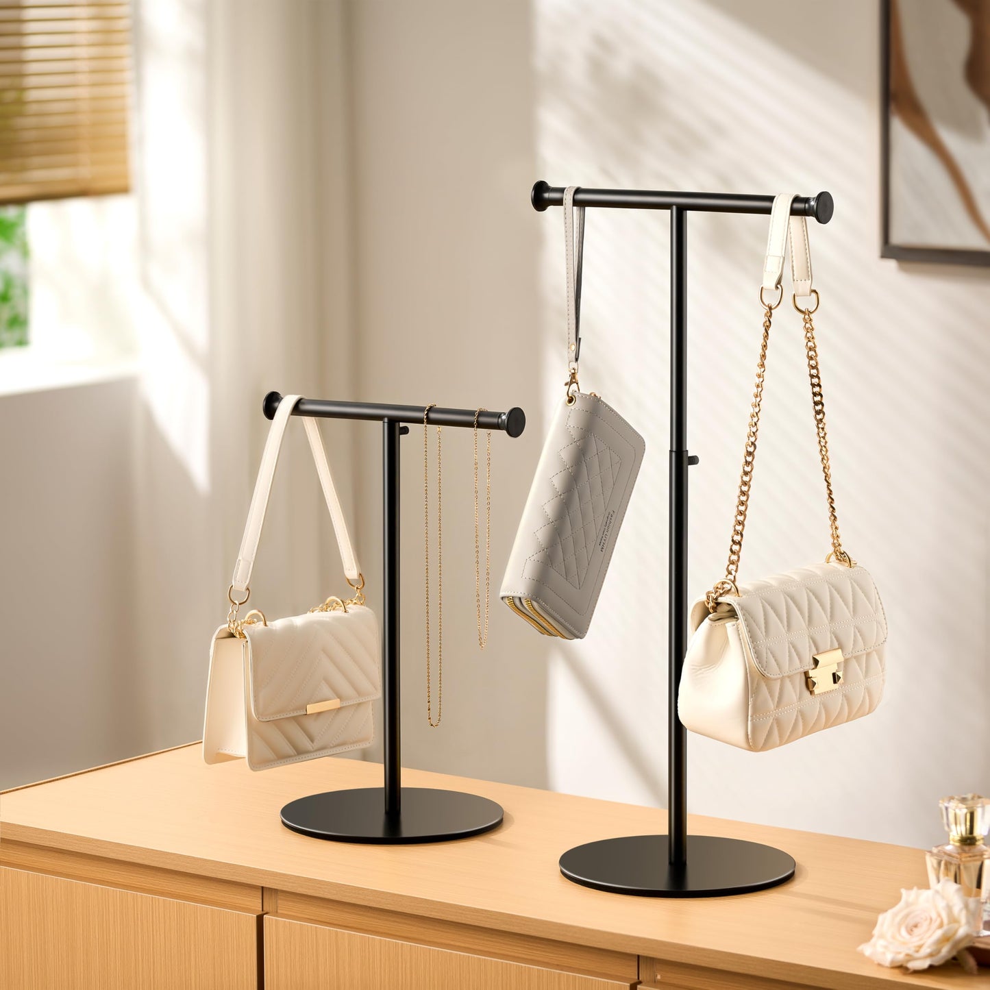 niffgaff 2 Pack 15‘’-24‘’ T Bar Purse Display Stand Tabletop: Adjustable Height Handbag Holder, Countertop Hanging Rack for Long Necklace Scarf Lanyard, Black
