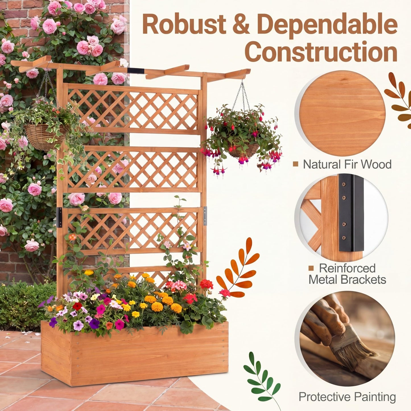 COSTWAY Wooden Raised Garden Planter with Trellis and Roof, 72" Freestanding Privacy Screen & Climbing Plant Support for Outdoor Patio, Balcony, Vegetable, Herb, and Flower Gardening (Brown,2)