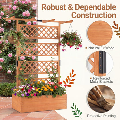 COSTWAY Wooden Raised Garden Planter with Trellis and Roof, 72" Freestanding Privacy Screen & Climbing Plant Support for Outdoor Patio, Balcony, Vegetable, Herb, and Flower Gardening (Brown,2)