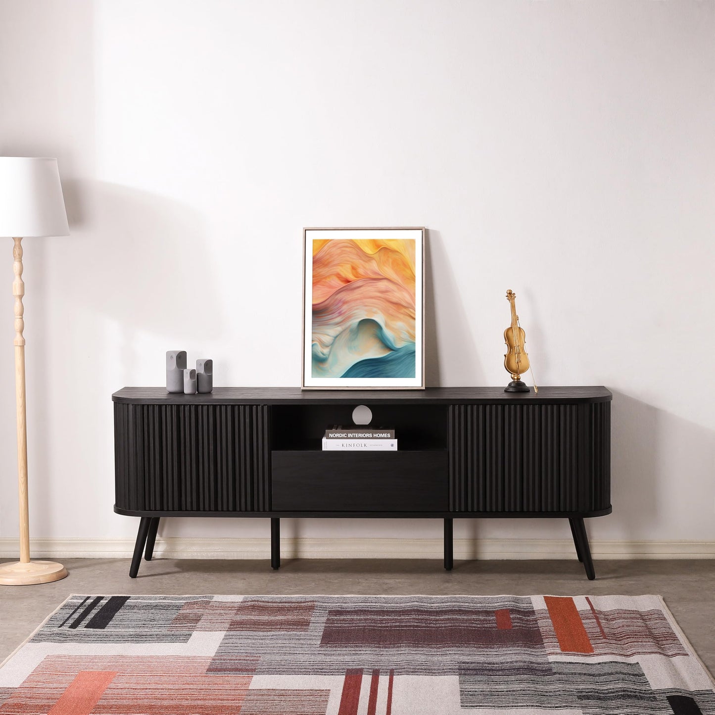 JONATHAN Y Damien 70" Mid-Century Fluted Wood TV Stand for TVs up to 75 Inch, Entertainment Center with Soft-Close Doors and Drawer, Media Console for Living Room, Black TVS1001C