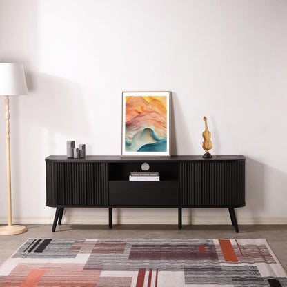 JONATHAN Y Damien 70" Mid-Century Fluted Wood TV Stand for TVs up to 75 Inch, Entertainment Center with Soft-Close Doors and Drawer, Media Console for Living Room, Black TVS1001C