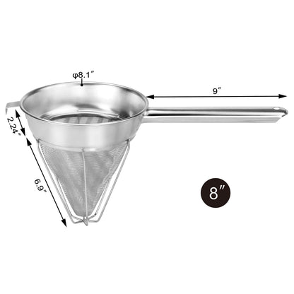 New Star Foodservice Reinforced Bouillon Strainer, 8-Inch, Fine Mesh, 18/8 Stainless Steel, Commercial Kitchen Strainer for Stocks, Sauces, Soups, and Purees