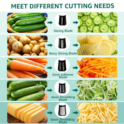 EVUCBEITS Rotary Cheese Grater Hand Crank - Cheese Shredder with 5 Blades & Strong Suction Base, Mandoline Slicer Vegetable Chopper, Kitchen Gadgets with Storage Box, Black