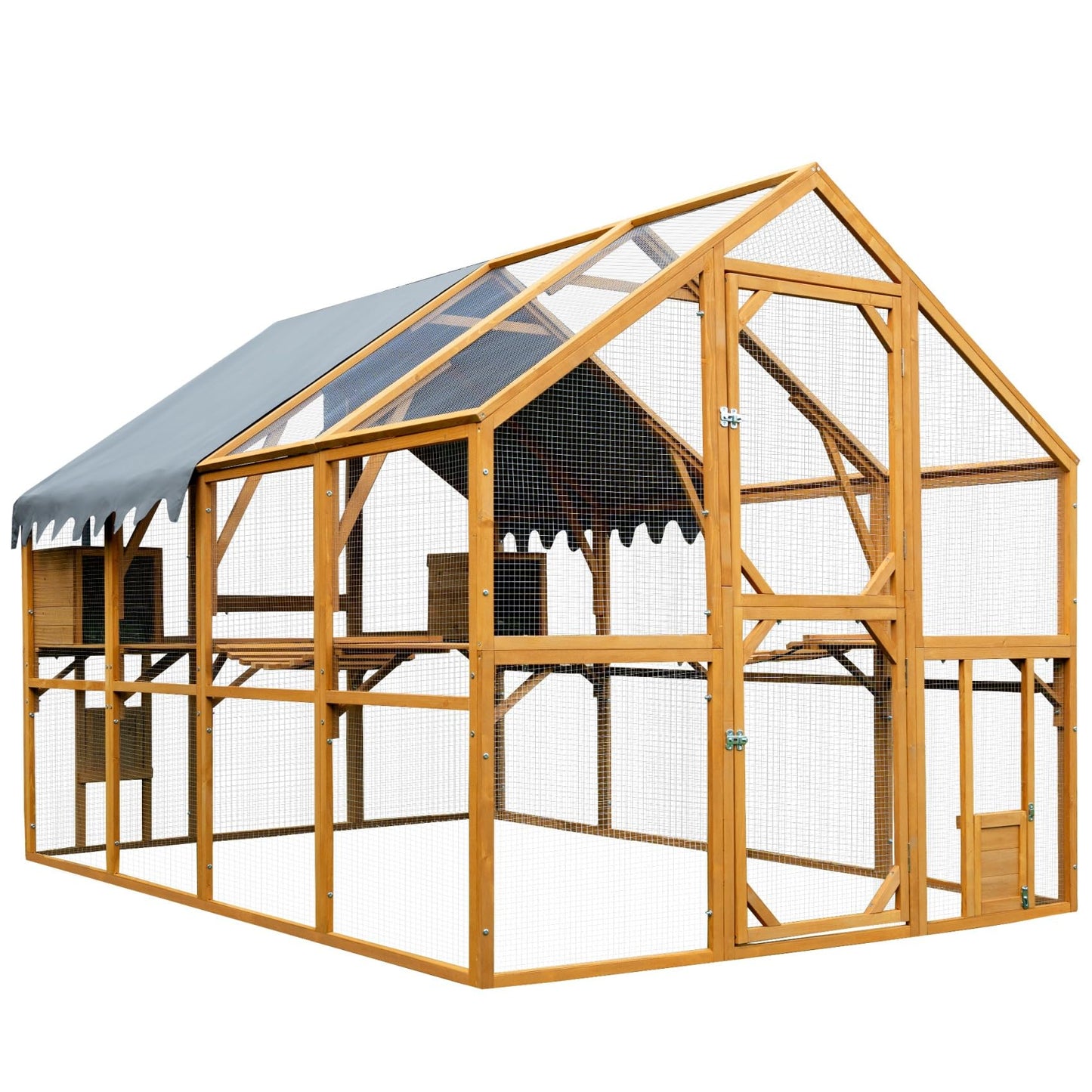 KEIKI 110"L Outdoor Large Chicken Coop with Waterproof Cover, Roosting Platform, Wire Mesh & 2 Lift Small Doors with Locks, Wood Chicken Coop House with Run for Cat Kitten Playpen, Duck, Rabbit, Quail