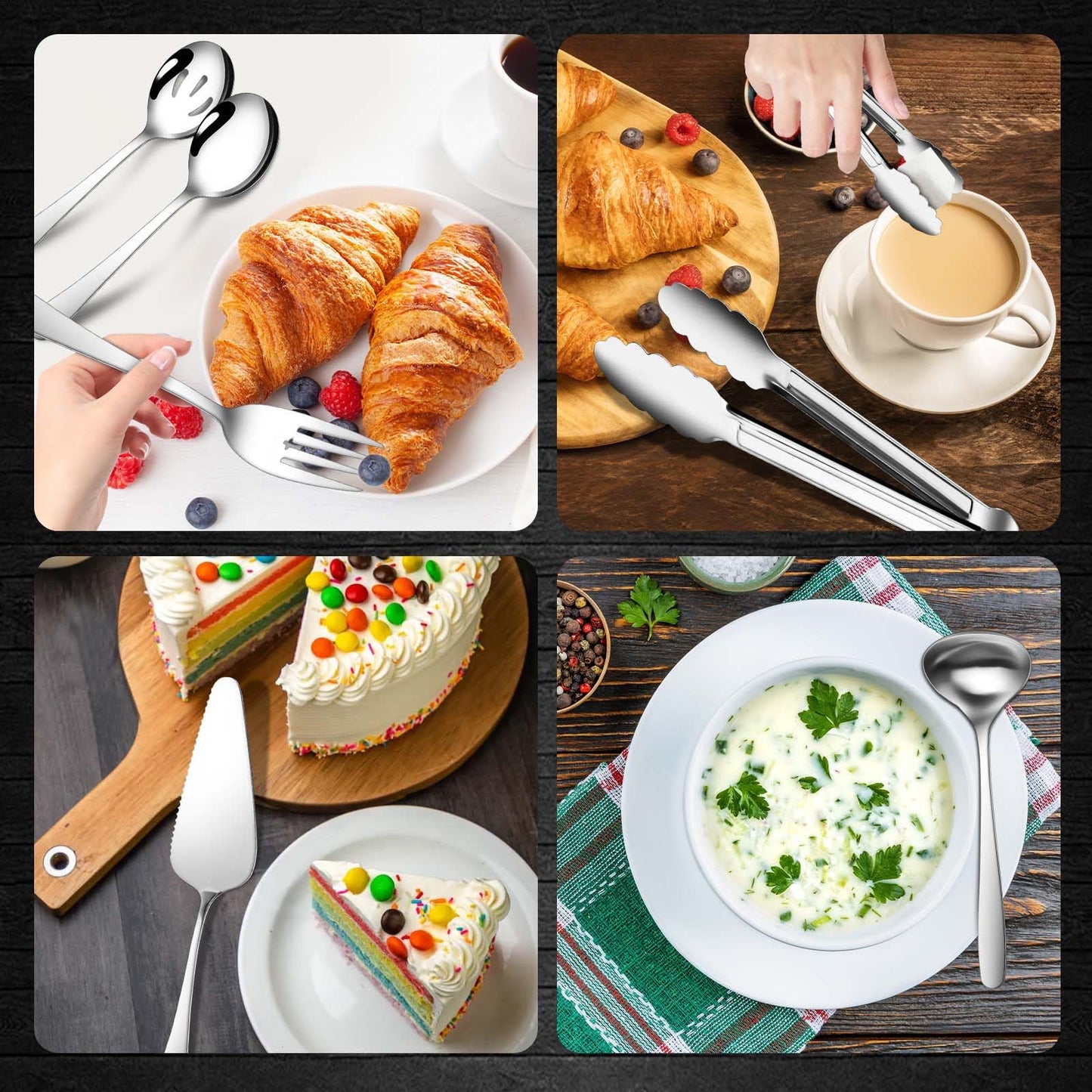 Gisly 12-Piece Serving Set - Large Spoons, Forks, Tongs, Ladle, Cake Server & Appetizer Tongs for Buffet Catering, Dishwasher Safe