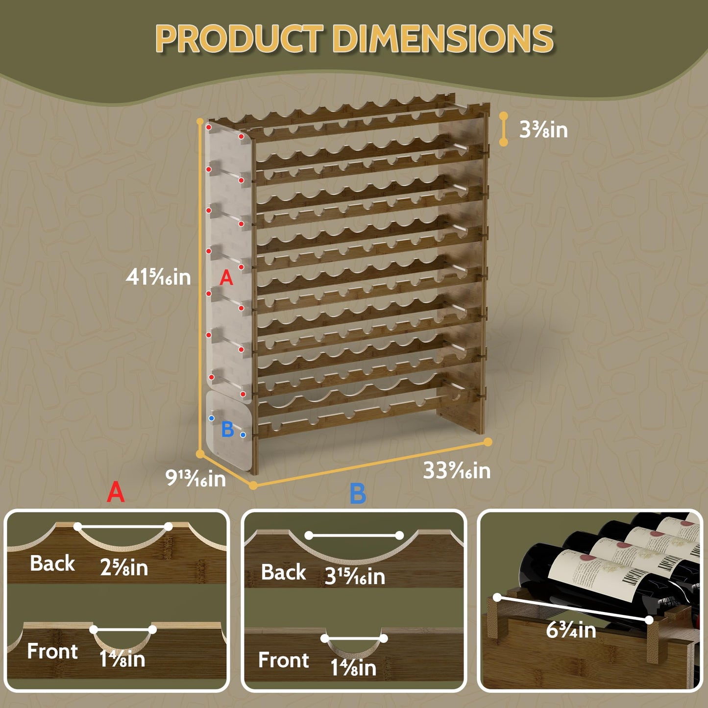Wine Rack Freestanding Floor, Bamboo 8-Tier 69 Wine Bottle Holder Racks Countertop Cabinet Display, Wooden Stackable Modular Wine Storage Organizer Shelves for Kitchen Bar Cellar Dining Room Walnut
