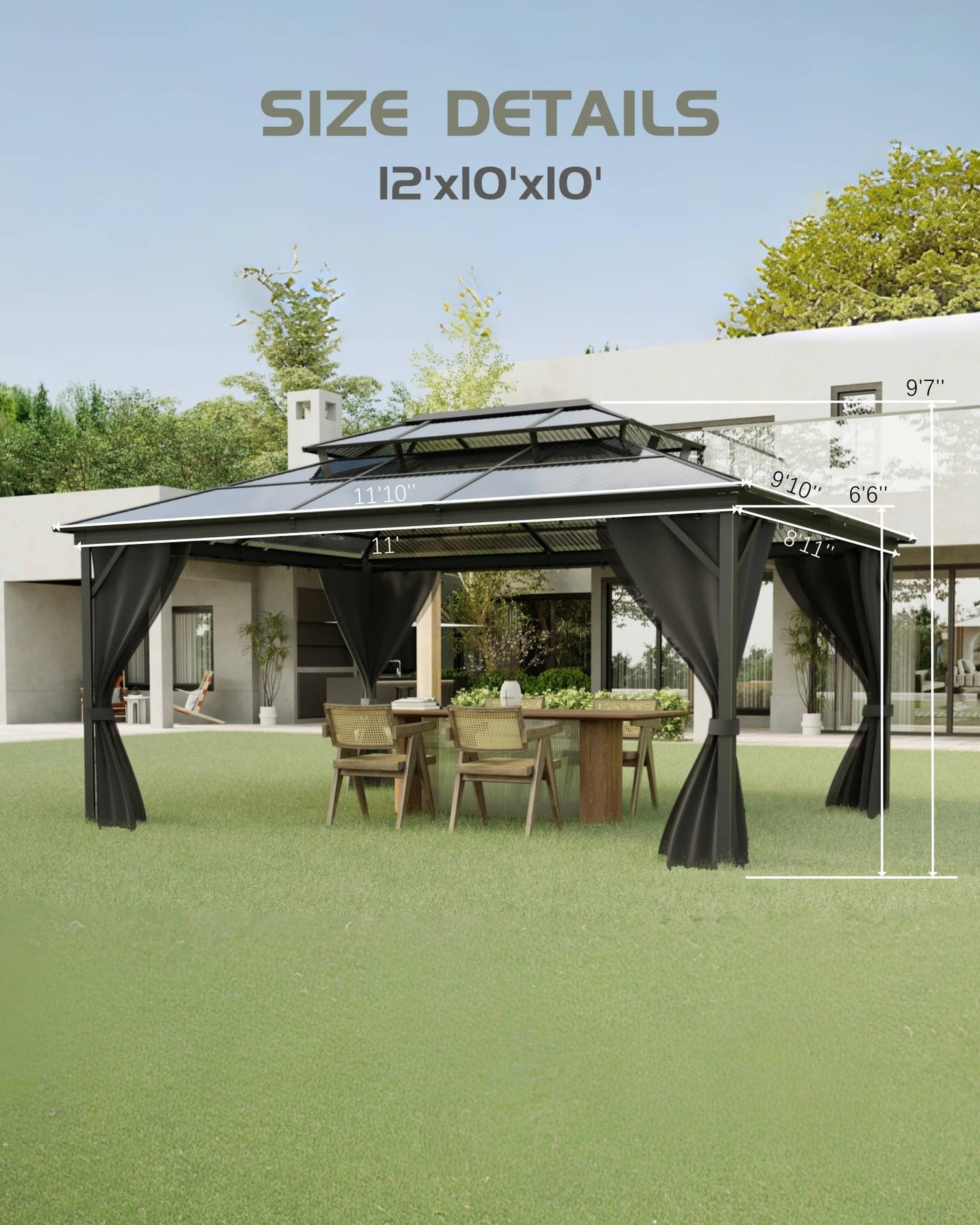 Double Roof Protection, 10'x12' Hardtop Aluminum Gazebo with Netting & Curtains, Permanent Polycarbonate Pavilion for Patio, Backyard, and Lawn (Gray)