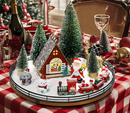 12 Set AMH PCS Christmas Table Decorations with Oak Rotating Base Xmas Town Village Centerpiece with Santa, Train