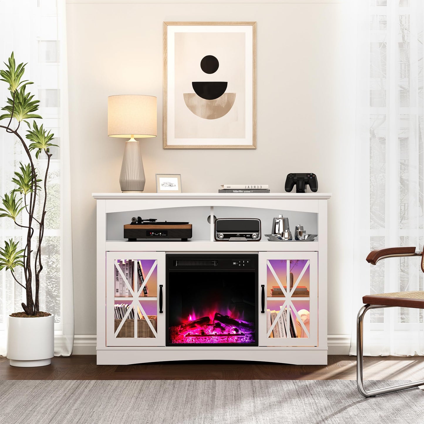 FansaFurn 47'' Farmhouse TV Stand with Fire Place and Adjustable Shelves, Retro TV Console with Glass Doors, Media Entertainment Center Storage Cabinet for Living Room, Bedroom, White