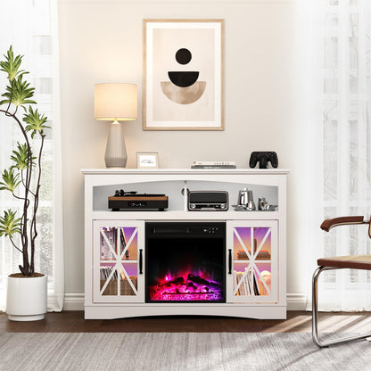 FansaFurn 47'' Farmhouse TV Stand with Fire Place and Adjustable Shelves, Retro TV Console with Glass Doors, Media Entertainment Center Storage Cabinet for Living Room, Bedroom, White
